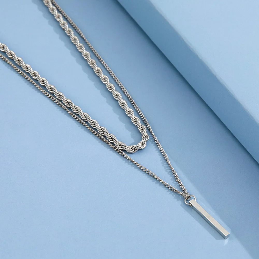 

New Simple Punk Long Stick Dangle Necklace For Women Man Fashion Stainless Steel Pendant Double Layer Necklaces Jewelry Gifts