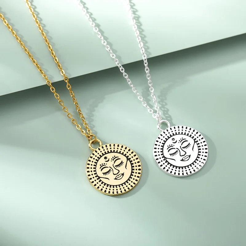 

Sun Face Necklace For Women Vintage Stainless Steel Aesthetic Choker Kpop Designer Pendant Couple Jewelry Accessories Gifts