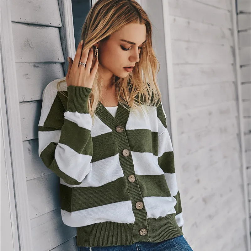 

Elegant Korean Style Women Sweater 2020 Winter V-neck Striped Loose Cardigans Single Breasted