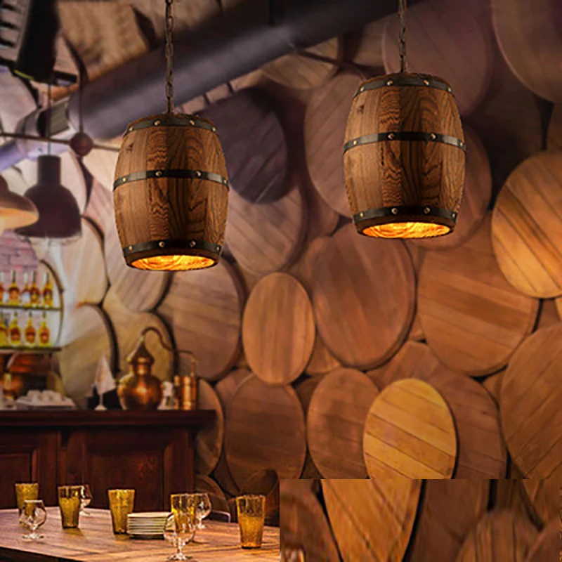 

American country loft wood Wine barrel hanging Fixture ceiling pendant lamp E27 light for bar cafe living dining room restaurant