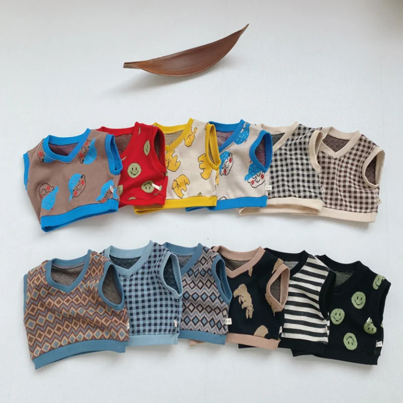

2021 New Toddler Baby Knitted Vest for Girl Fashion Print Sleeveless Sweater Autumn Winter Cotton Kids Clothes Boys Costumes
