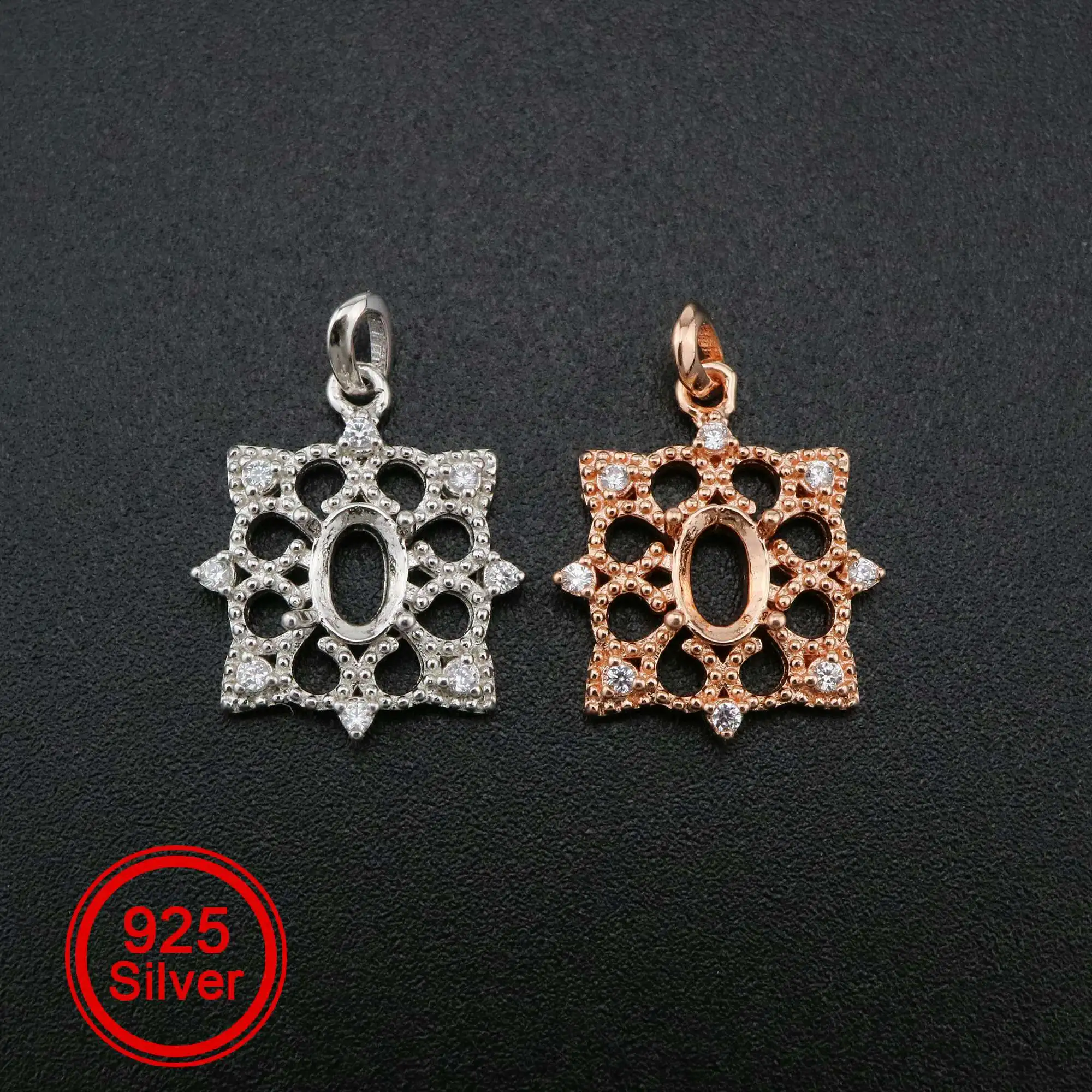 

1Pcs 4x6MM Oval Prong Pendant Settings Vinatge Style Rose Gold Plated Solid 925 Sterling Silver Charm Bezel Tray 1421136