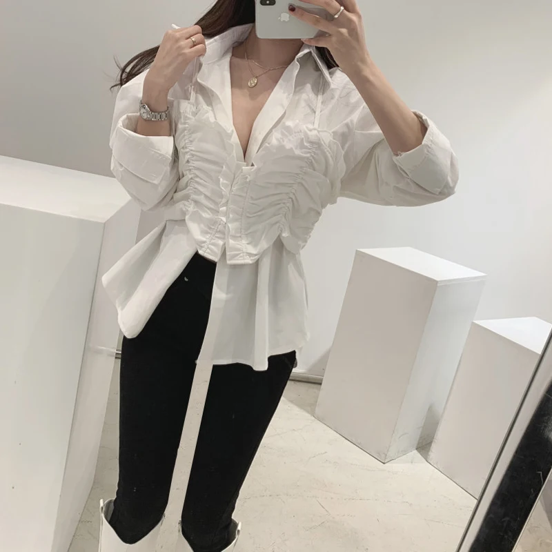 

SuperAen 2021 New Fake Two-piece Stylish Sling Shirt Turn Down Collar Solid Full Office Lady Womens Tops