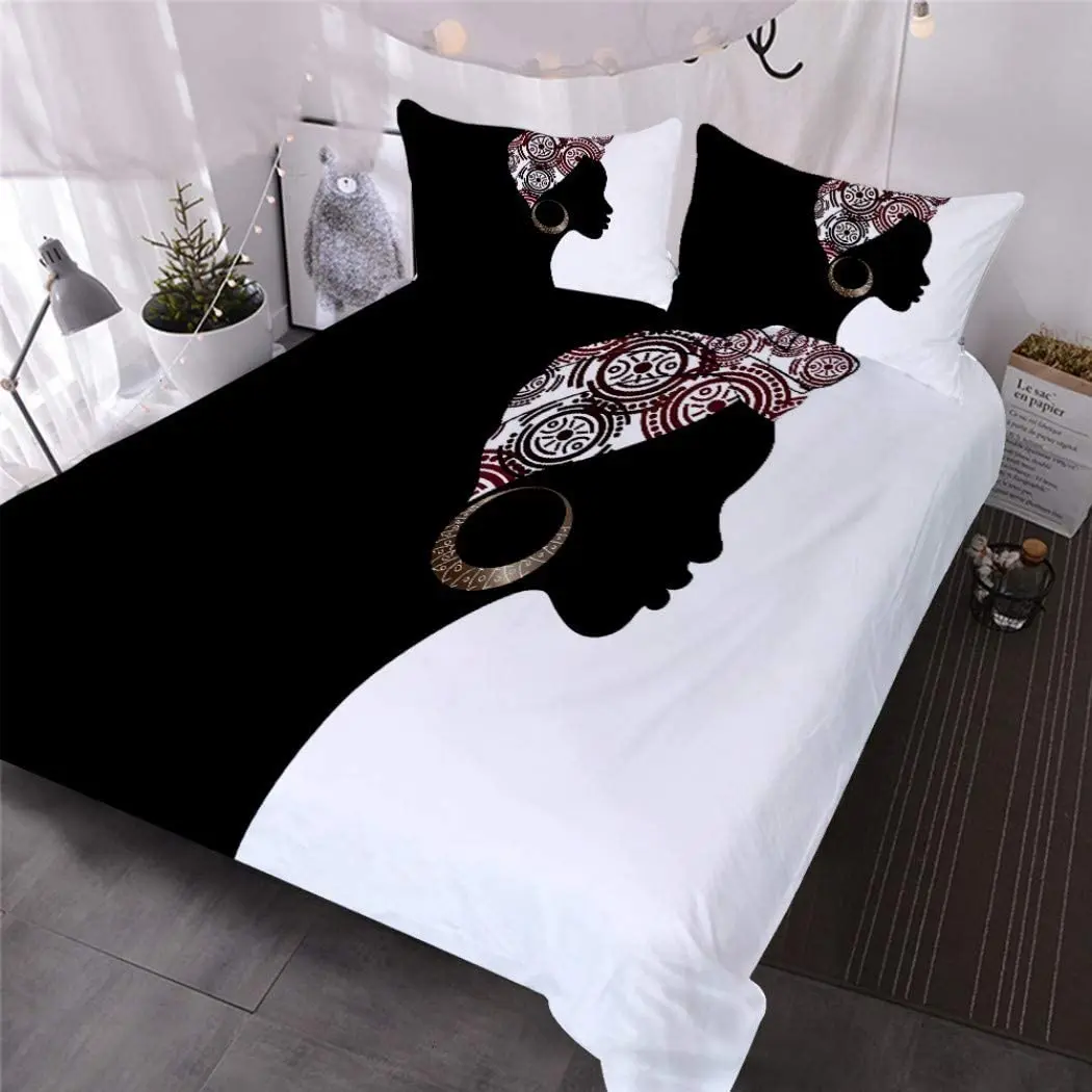 

Black White Bedding Set Queen Size 3D Print African American Girl with Metal Earrings Comforter Cover