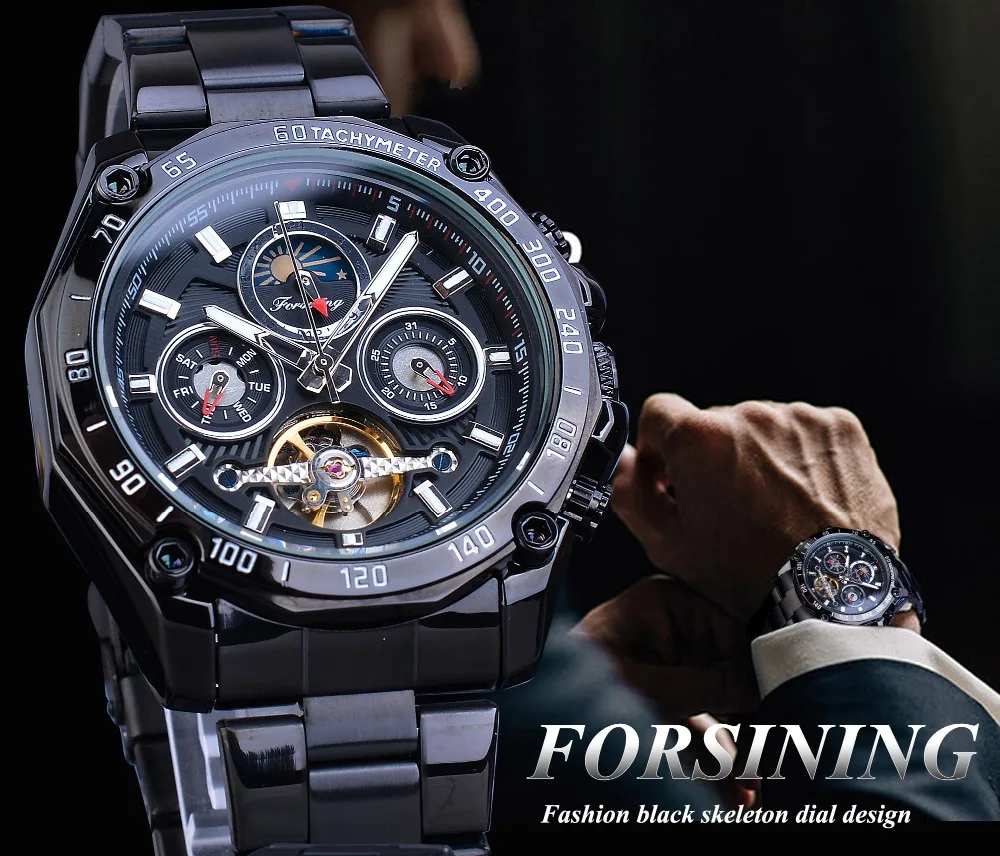 Forsining полностью черные Tourbillon механические часы мужские Moonphase Дата нержавеющая сталь Группа Автоматические наручные часы Erkek Kol Saati