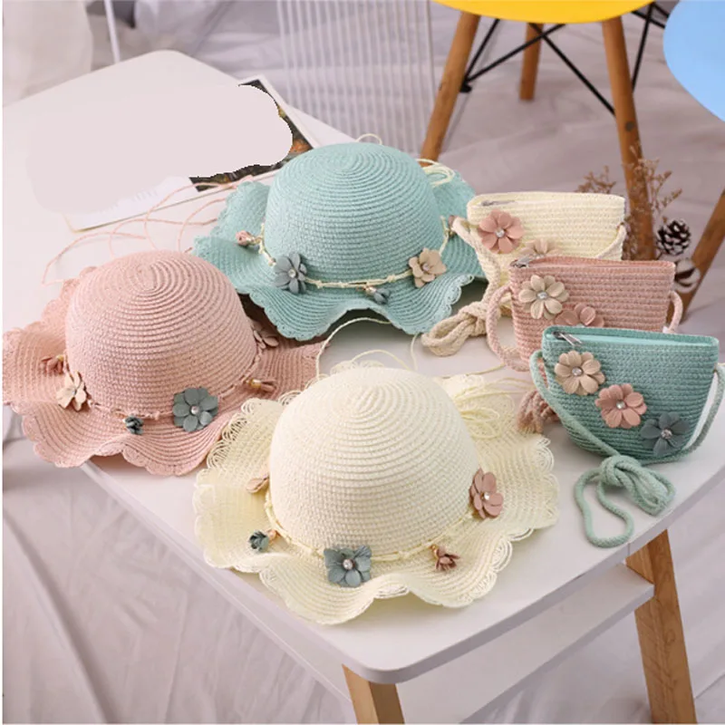 

New Kids Girls Wide Brim Straw Woven Sun Protection Beach Hat Flowers Summer Travel Bucket Cap Portable Handbag For 3-8 old Year