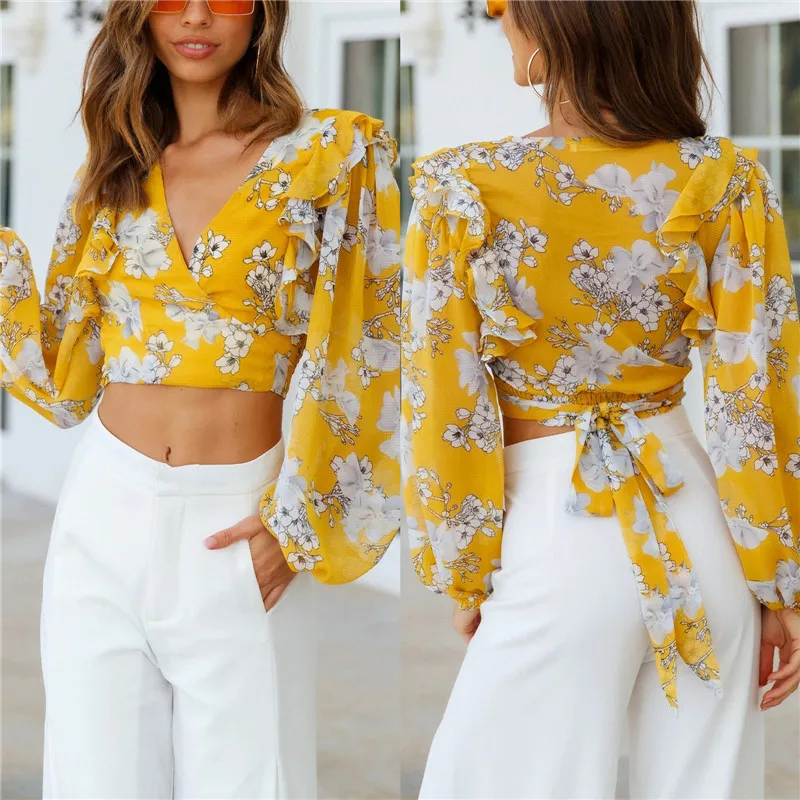 

Women Long Lantern Sleeve Floral Print Blouse Wrap V Neck Tie Knot Back Shirts Casual Slim Exposed Navel Tops Woemn Clething