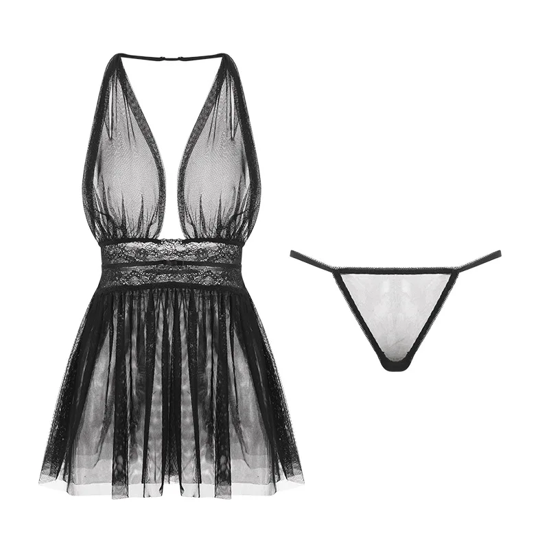 

Beautiful Back Lace Gauze Sleeping Dress Temptation White Sexy Mesh Hanging Neck Fairy Backless Tulle Perspective Nightdress