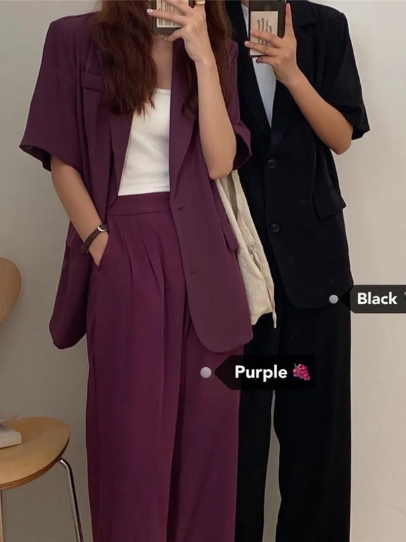 Women Two Piece Sets Loose Thin Lapel Two Button Suit Jacket and Draped High Waist Mopping Trousers Wide Leg Korean Chic Retro