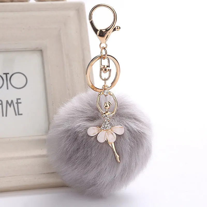 Gold Key Chain Pom Key Rings Fake Rabbit Fur Ball Pompom Angel Girl Fourrure Pompon Women Bag Charms Jewelry Gift