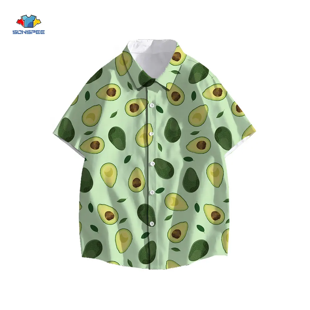 SONSPEE Anime Avocado Print Hawaiian Shirt Funny Casual Men Women Short Sleeve Streetwear Beach Shirts Oversize Hip Hop Top