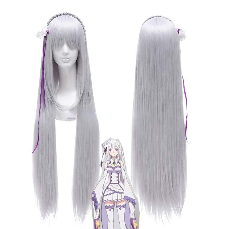 Парик для косплея Эмилии длинный серебристый прямой из синтетических волос