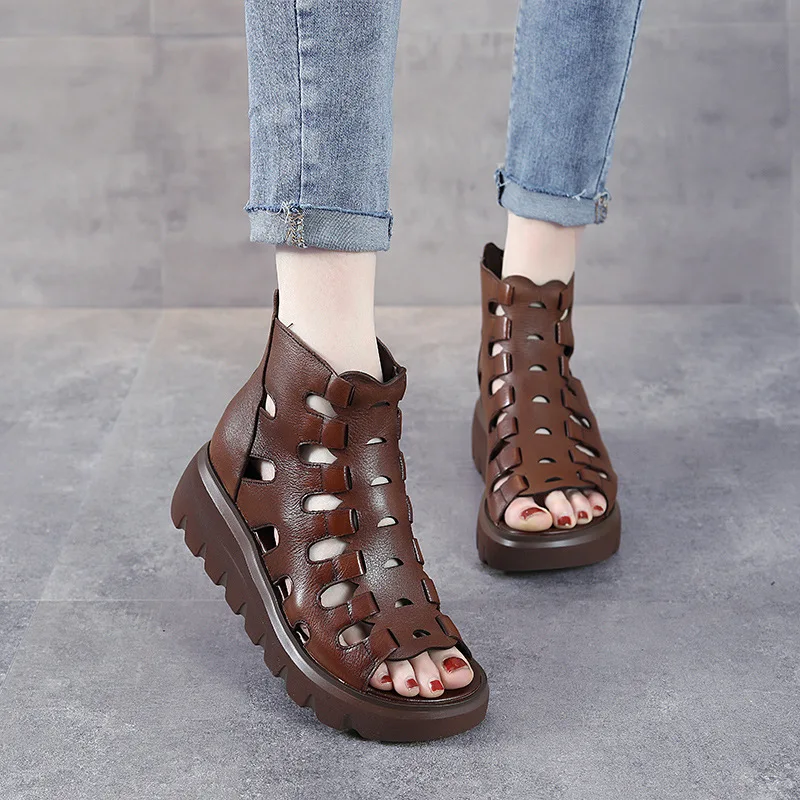 

Summer New Ethnic Style Top Layer Cowhide Slope with Roman Sandals Leather Hollow Fish Mouth Thick-soled Women's Sandals Retro