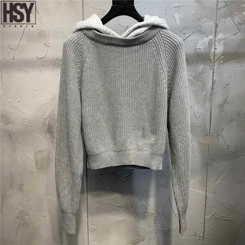 【HSY】2019 New Street-wear Fashion Trend Women Top Casual Easy Match Faded Two Piece Pullover Hooded Sweater Black/Grey |