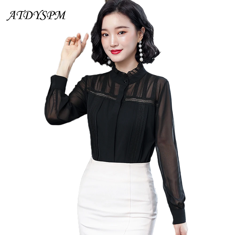 

Classic Vintage Black Lace Stitching Silk Shirts Blouses Women Sexy See Through Long Sleeve Stand-Up Collar Fashion Female Tops