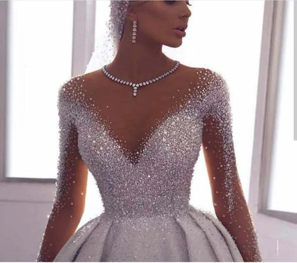 Luxury Vestidos Beaded Crystals Arabic Wedding Dress 2020 Long Sleeves Dubai Gowns Floor Length robe de mariee | Свадьбы и торжества