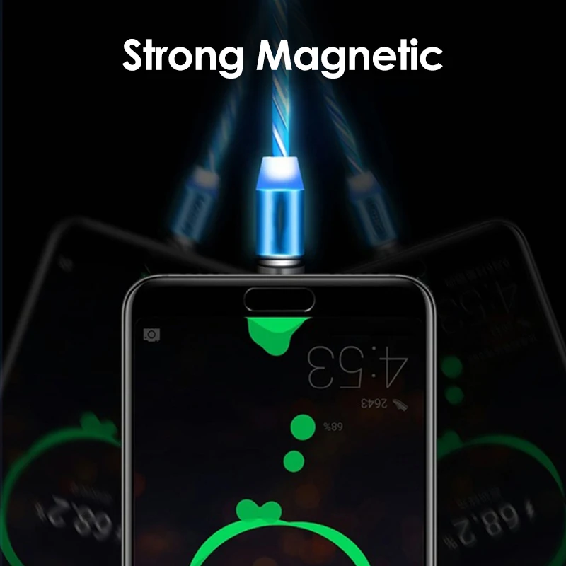 Магнитный USB кабель светящийся светодиодный для iPhone XR X 7 8 Micro Type C зарядное
