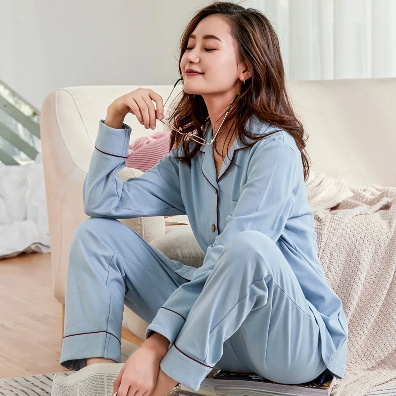 Spring Autumn New Cotton Women's Pajamas Set New Cardigan Lapel Nightgown Simple Long Sleeve Nightwear Home Wear Sleepwear