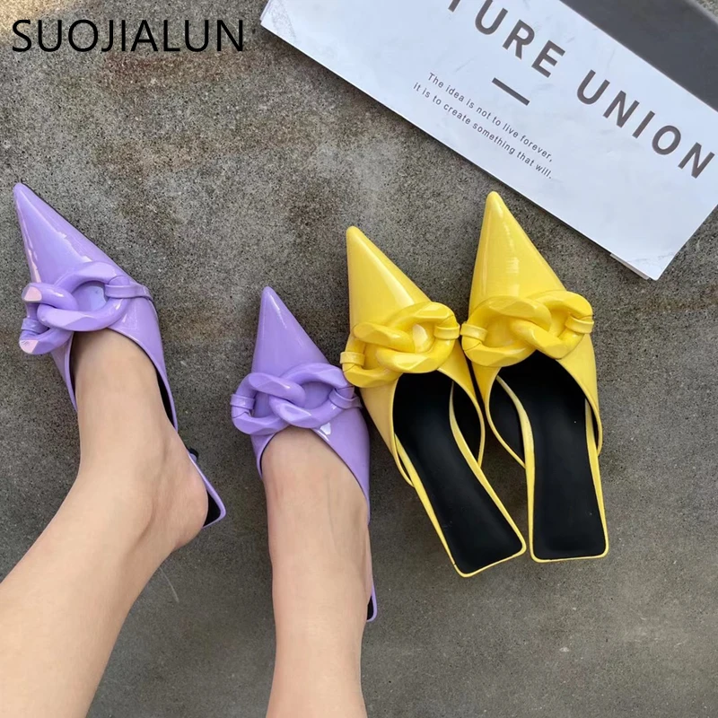 

SUOJIALUN 2021 New Women Slipper Brand Buckle Pointed Toe Slip On Mules Shoes Ladies Thin Low Heel Outside Slides Female Sandal