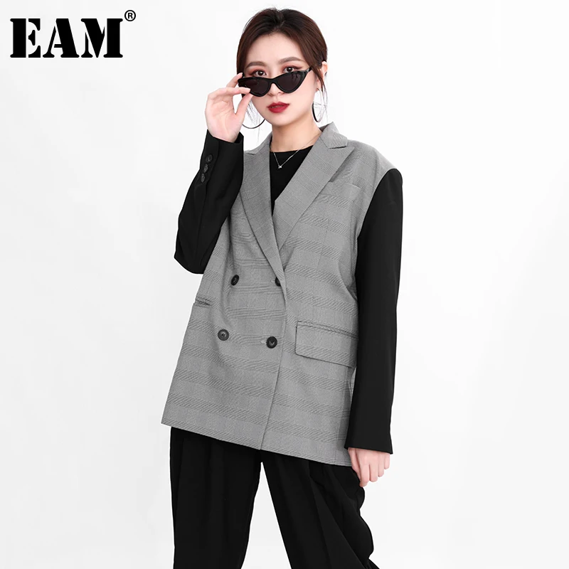 

[EAM] Женская серая клетчатая повседневная куртка большого размера, новая свободная приталенная куртка с отворотом и длинным рукавом, весна-о...