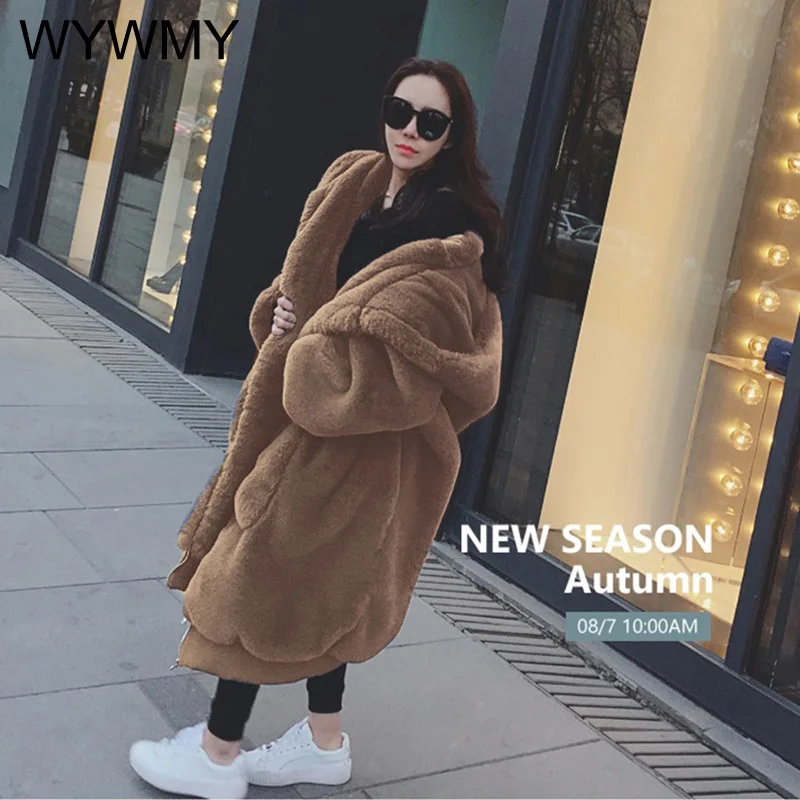 2021 Winter Thick Luxury Plush Jacket Faux Fur Coats Women Long Parka Hooded Imitate Rex Rabbit Fur Warm Outwear Female Oversize