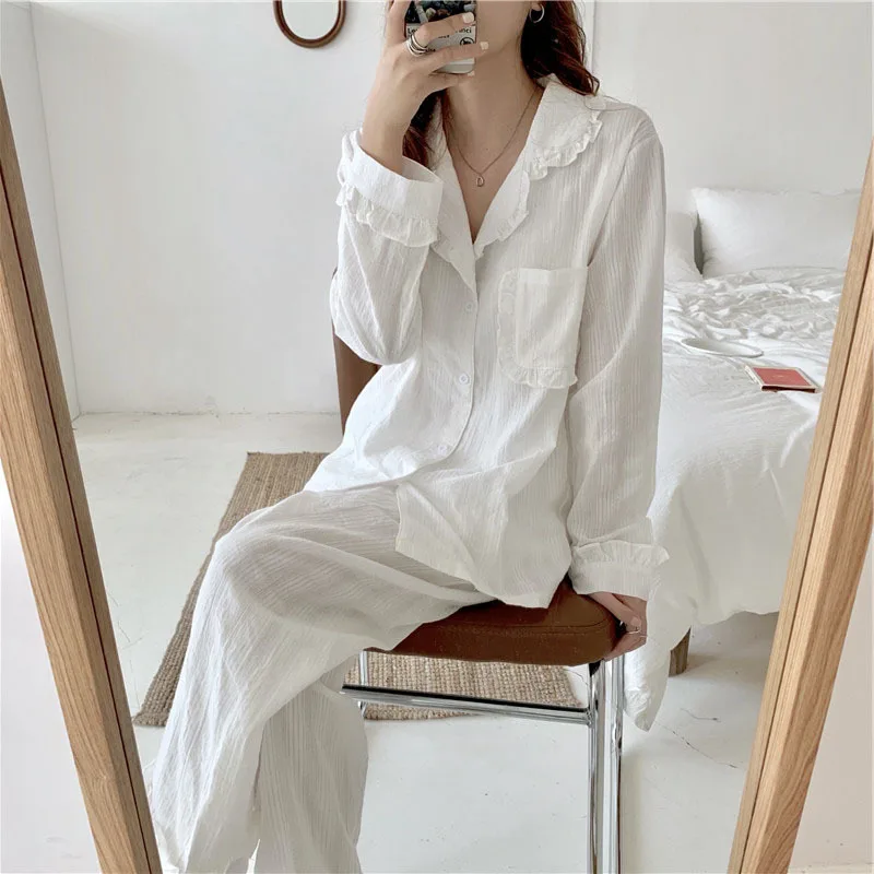 Cotton Pajamas Women's 2021 Spring Autumn New Comfortable Lace Leisure Sweet Home Clothes 2Pcs Set Female Sleepwear Nightwear