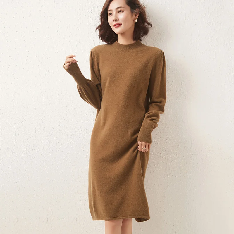 

Новинка 2021, свободные женские платья, вязаные джемперы из 100% австралийской шерсти, женские Топы с длинным воротником средней высоты и пышны...