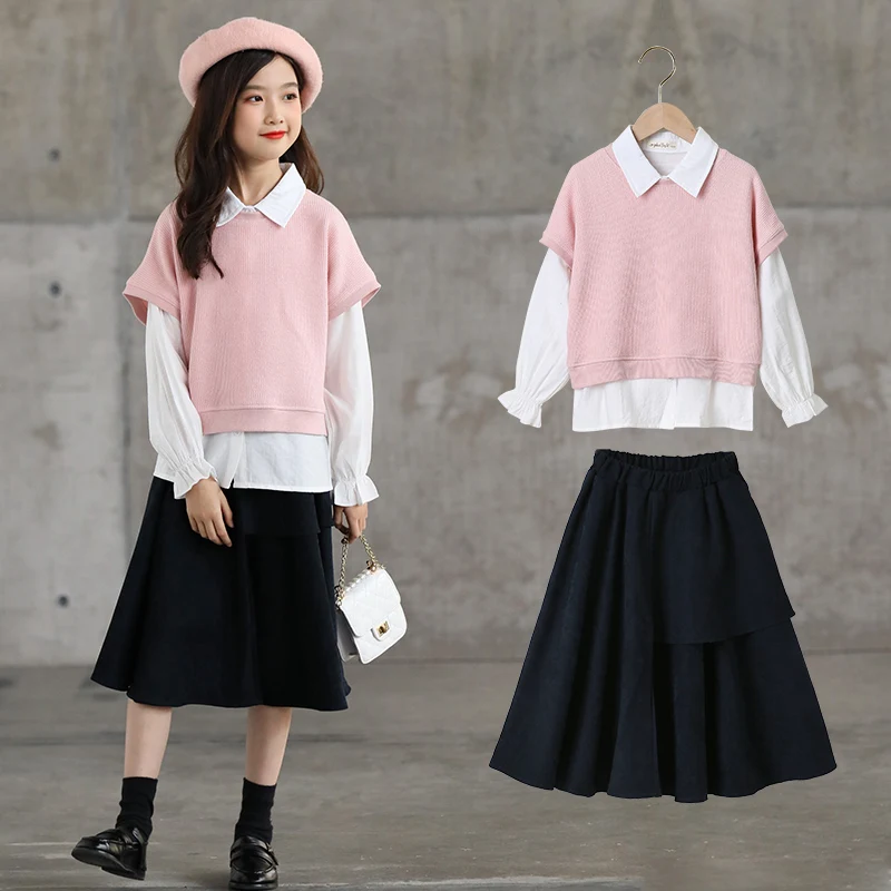 

Three Piece Cotton Spring Summer Teens Children Clothes Baby Girls Suit Vest +Blouse +Dress Kids Toddler Outwear High Quality