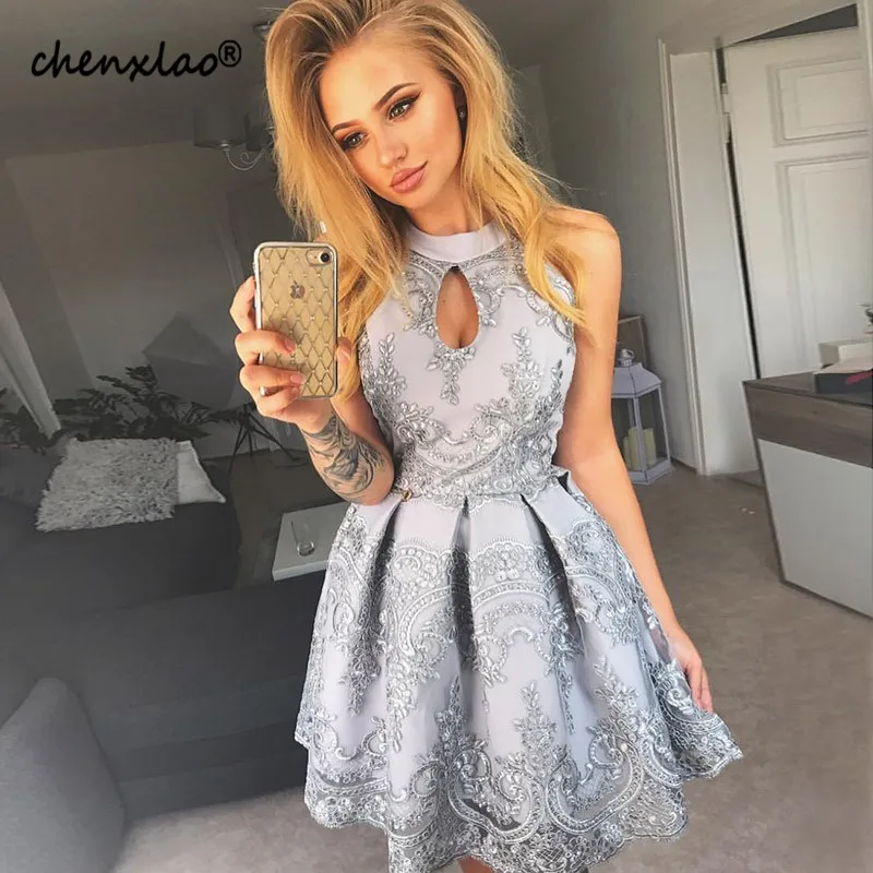 Женское серебристое платье для встречи выпускников кружевное вечернее