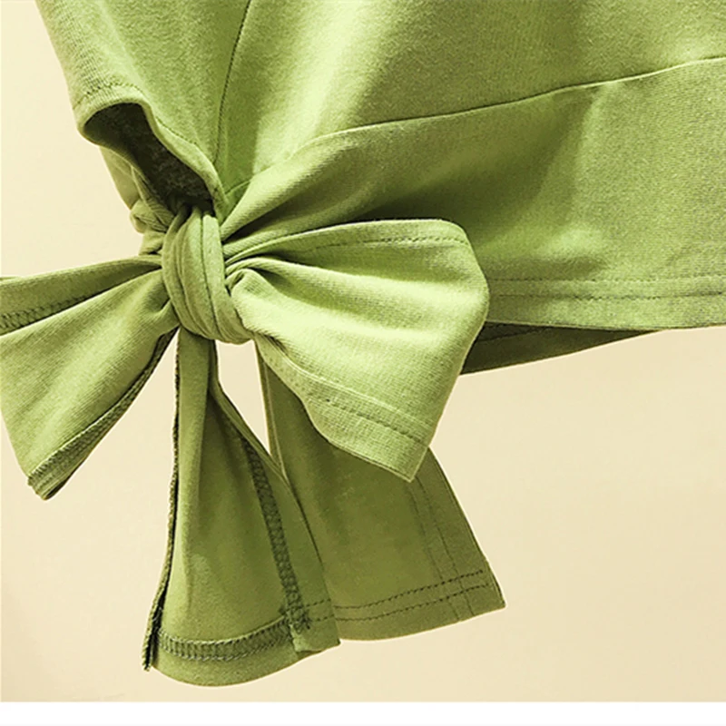 

2XL Tie Cotton T-shirt Solid Waist Strap Tee Short Sleeve Strapless Slim Korean Tshirt 2021 Summer Casual Crop Top Women Blouses