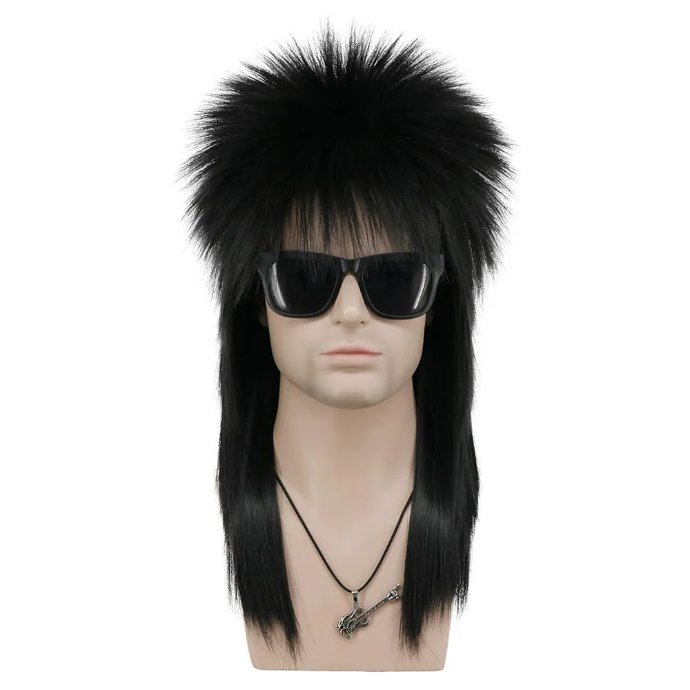 

FGYWIG Long Straight Hair Black Synthetic Wig For Men And Women With Bangs 70s 80s Cosplay Rock Punk Disco Mullet Head Party Wig