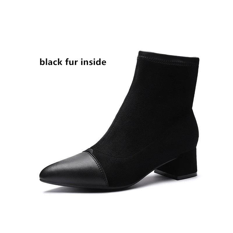 Black Fur Inside Botines Mujer; коллекция года; зимние ботинки; женские Модные осенние ботинки из флока на меху с острым носком без застежки; Женская обувь в стиле панк и Готика - Цвет: Black Fur Inside