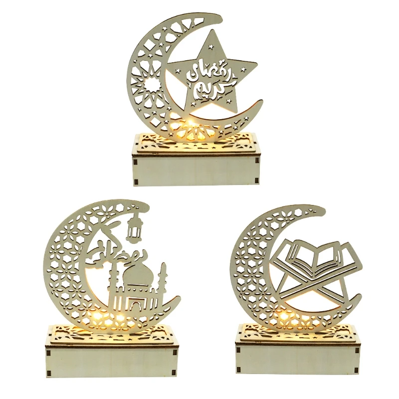 

Деревянный Рамадан ИД Мубарак «Луна», «Звезды» исламский мусульманский вечерние с светодиодный светильник орнамент домашний декор DIY пода...