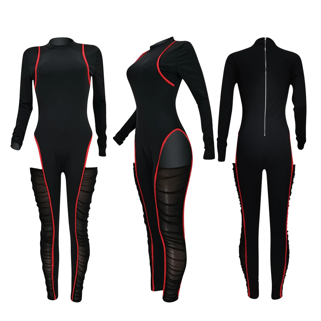 

Chiclover Sexy Jumpsuit Women Long Sleeve Zipper Bodysuit Patchwork Mesh Hollow Out Draped Bandage Romper Wholesale Dropshipping