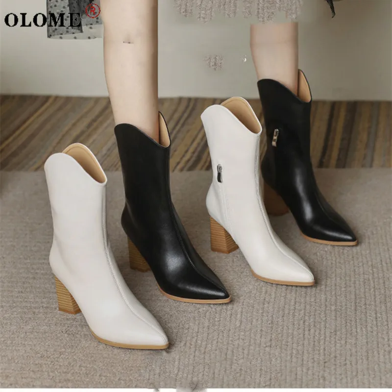2021 Autumn New Products Women's High Heels Pointed Toe Boots British Style Shoes Side Zipper Sexy V-mouth Design Nude Boots