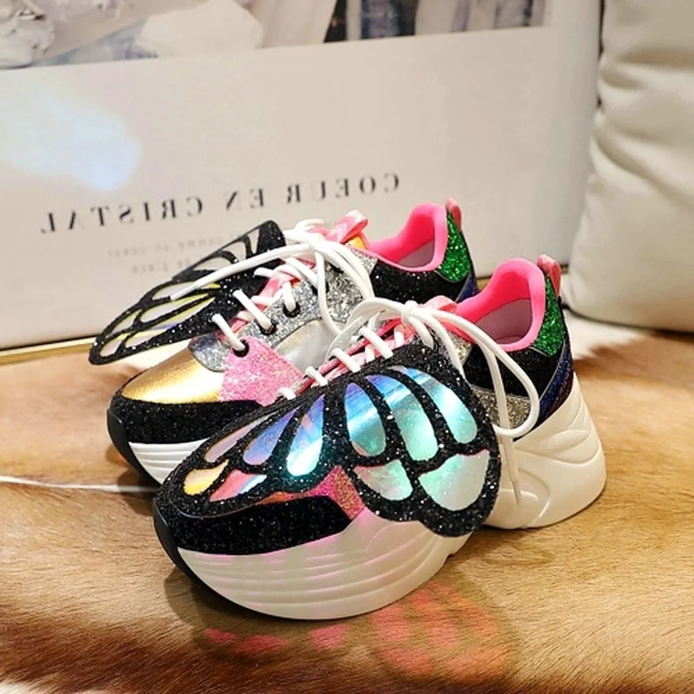 

Womens Genuine Leather Platform Sneakers Sequins Detachable Butterfly Decor Shoes Casual Shiny 7CM Heel Lace Up Korean Styles