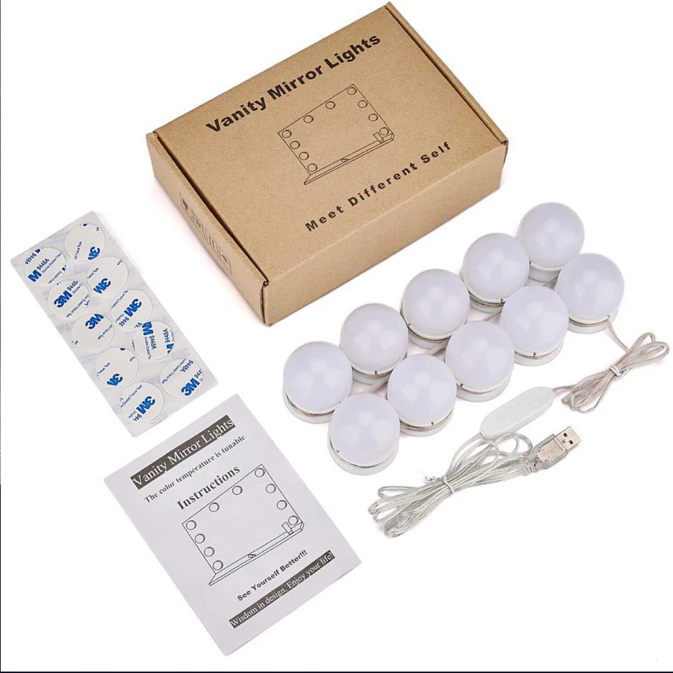 USB LED 5V Makeup Mirror Light Bulb Hollywood Vanity Lights Stepless Dimmable Wall Lamp5 10Bulbs Kit for Dressing Table | Лампы и