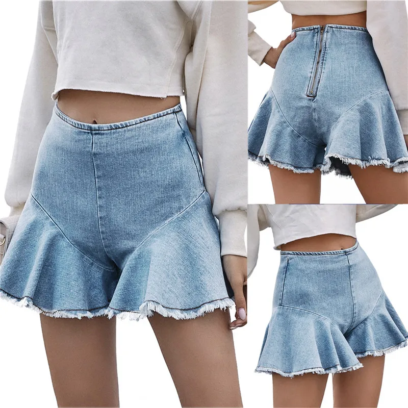 

Womens Ruffle Stretch Ripped Denim Shorts Casual High Rise Frayed Raw Hem A-Line Short Flared Pants Jeans Shorts 2021 Summer