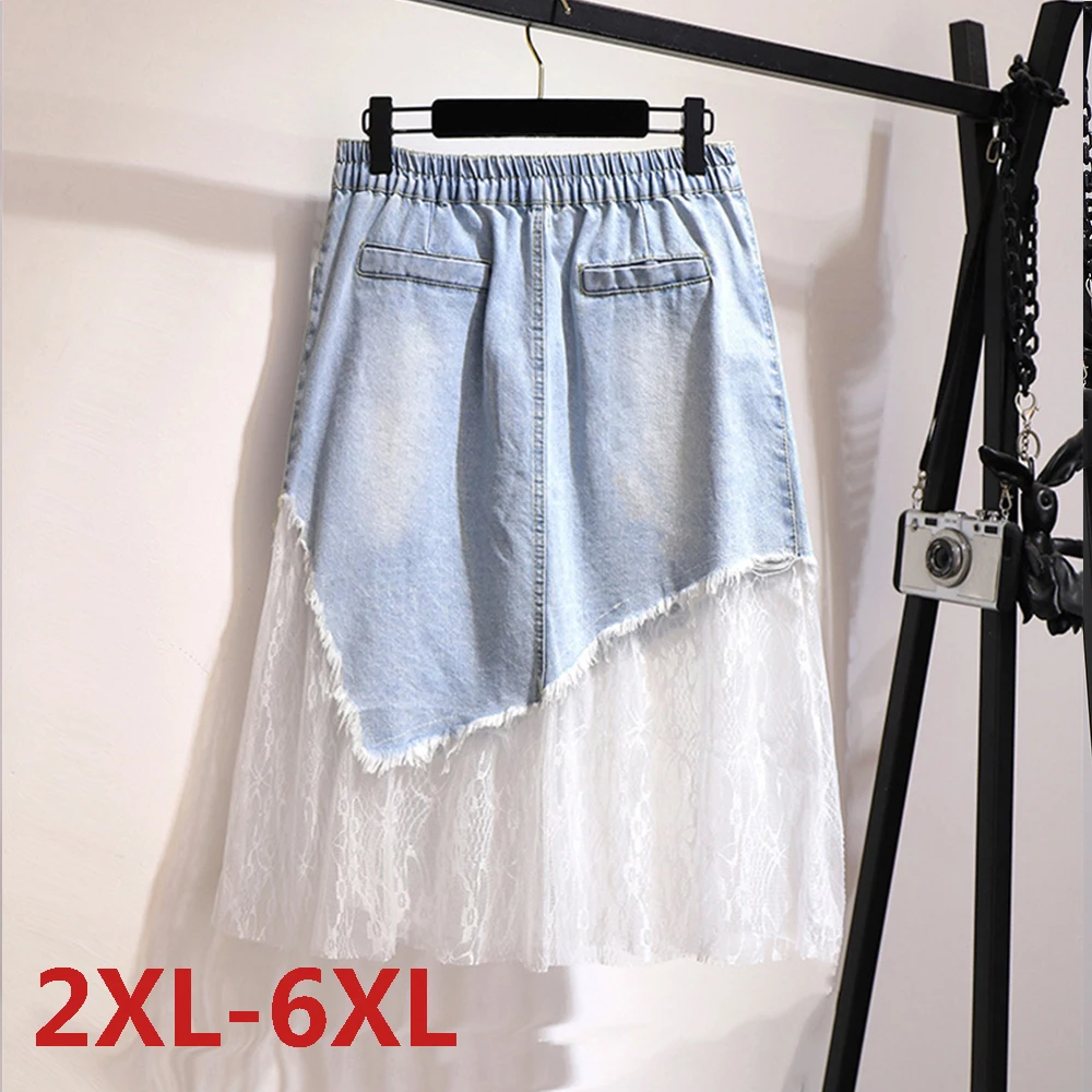 

Big Size Summer Half-length Mesh Gauze A-line Skirt Plus Size Fat MM Women Large Size Clothing Patchwork Holes Jeans Skirts