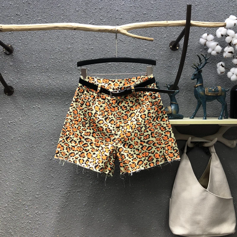 

High Waisted Jeans Short Vintage Streetwear Cool Girls A Line Wide Leg Denim Pants Spot Print Slit Leopard Denim Shorts Women