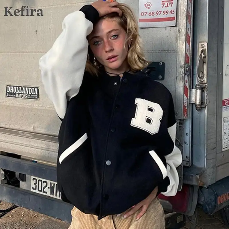 

Kefira 2021 Embroidery Letter Oversized Jacket Coat Women Parkas Long Sleeve Autumn Winter Warm Fashion E Girl Baseball Jackets