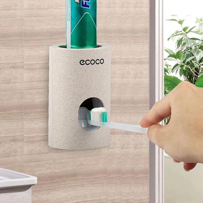 Automatic Wall Mount Toothpaste Dispenser Waterproof Toothpaste Squeezers Wheat Straw Durable Dustproof Bathroom Accessories Set