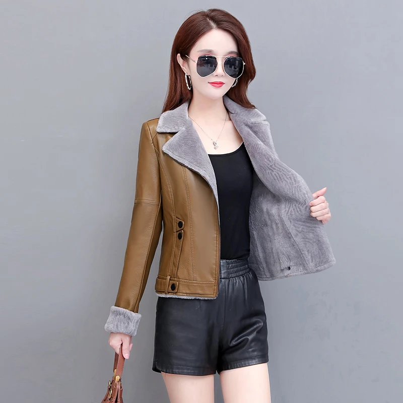 Autumn Winter Women Faux Fur Coat pu Leather tops Short Warm Plush Thick Outerwear Ladies padded Fur locomotive Leather Jackets