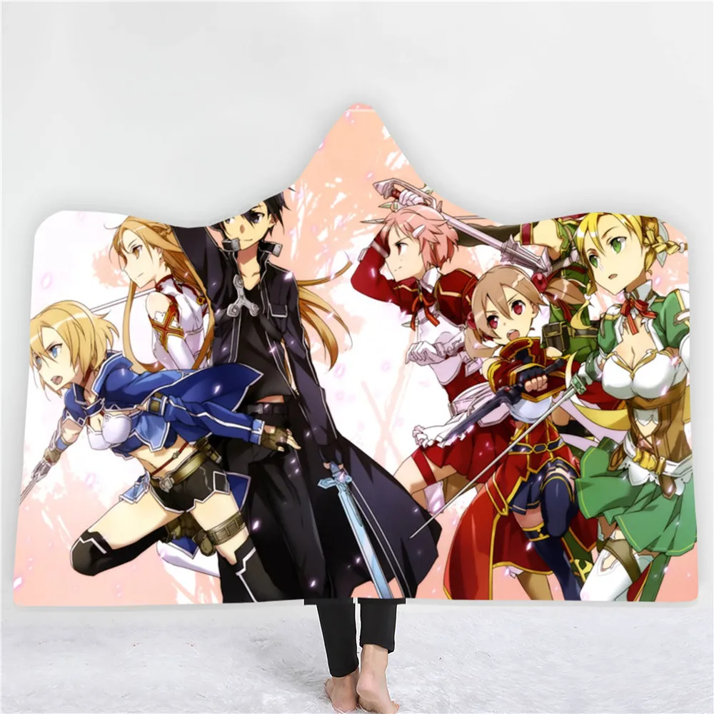 ?? 漫画アニメフード付き毛布剣アートオンラインフリースブランケット3D印刷キッズ大人のためのスローブランケットホームカスタムウェアラブル毛布