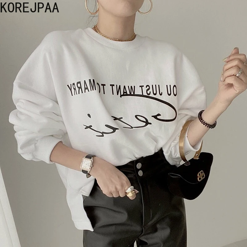 

Korejpaa Women Pullover 2021 Autumn Korea Leisure Temperament Ladies Round Neck Letter Printing Wild Casual Long-Sleeved Hoodies