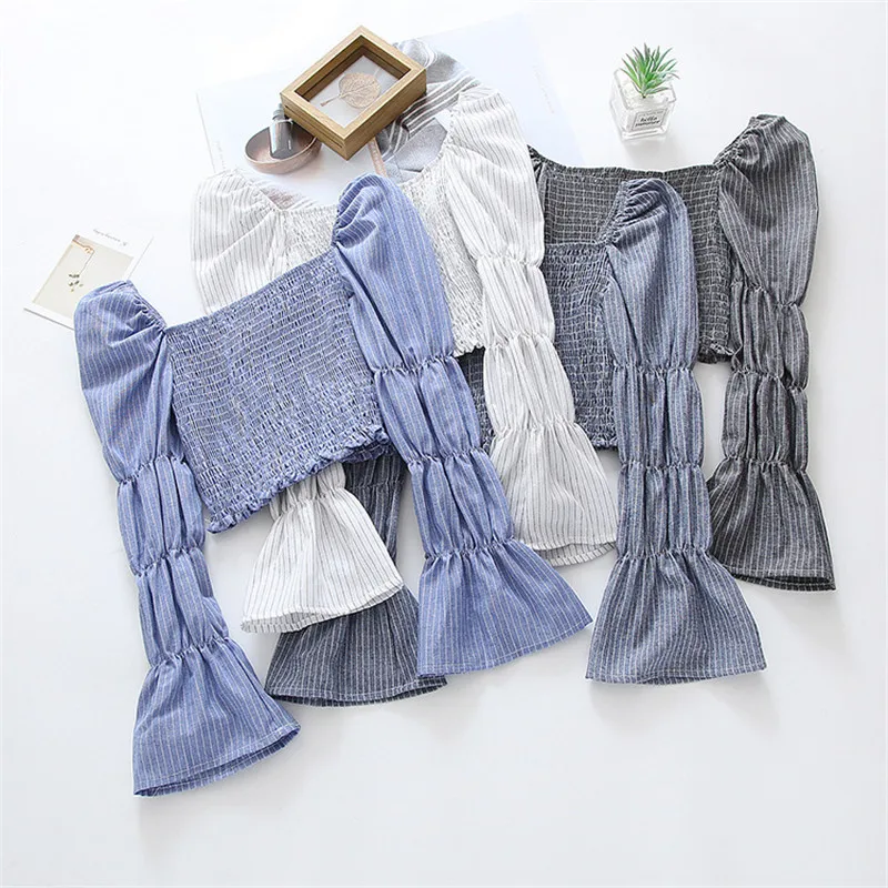 

Square Neck Blouse Chemise Vintage Femme Transparent Shirt Striped Cotton Blouses with Puff Sleeves Tunics for Women Short Style