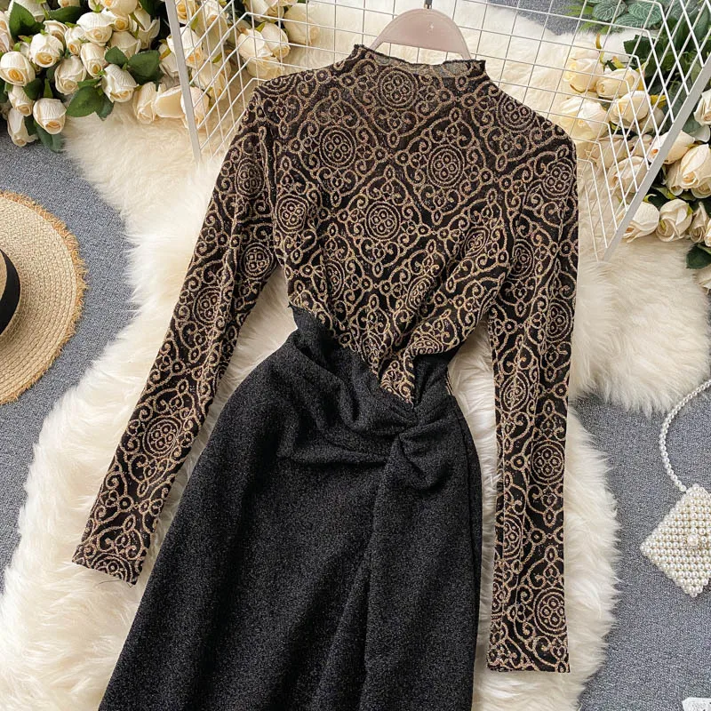 Женское облегающее платье с длинным рукавом длинная юбка оборками и высокой