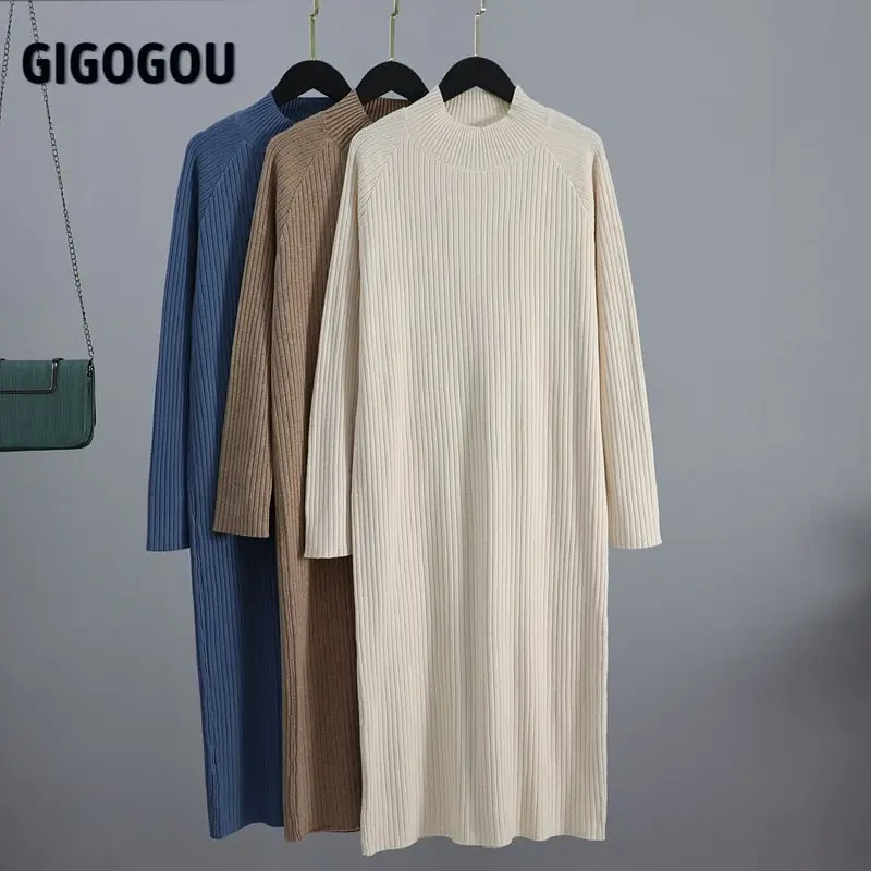 Женское длинное прямое платье GIGOGOU теплое свитер большого размера с высоким
