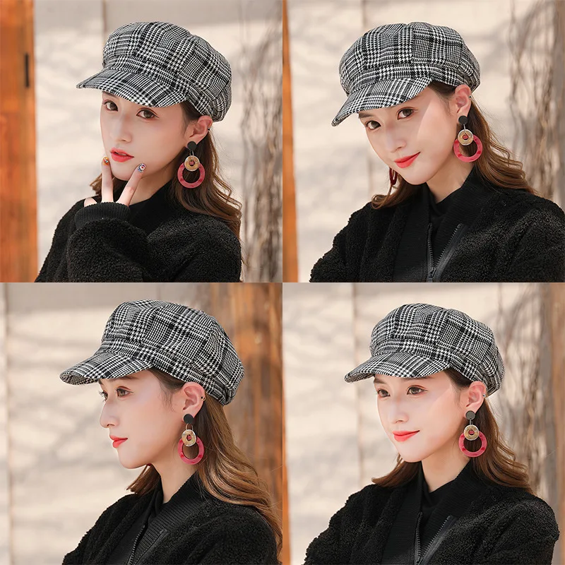 Осень-зима головные уборы для женщин в клетку полоску восьмиугольные шапочки