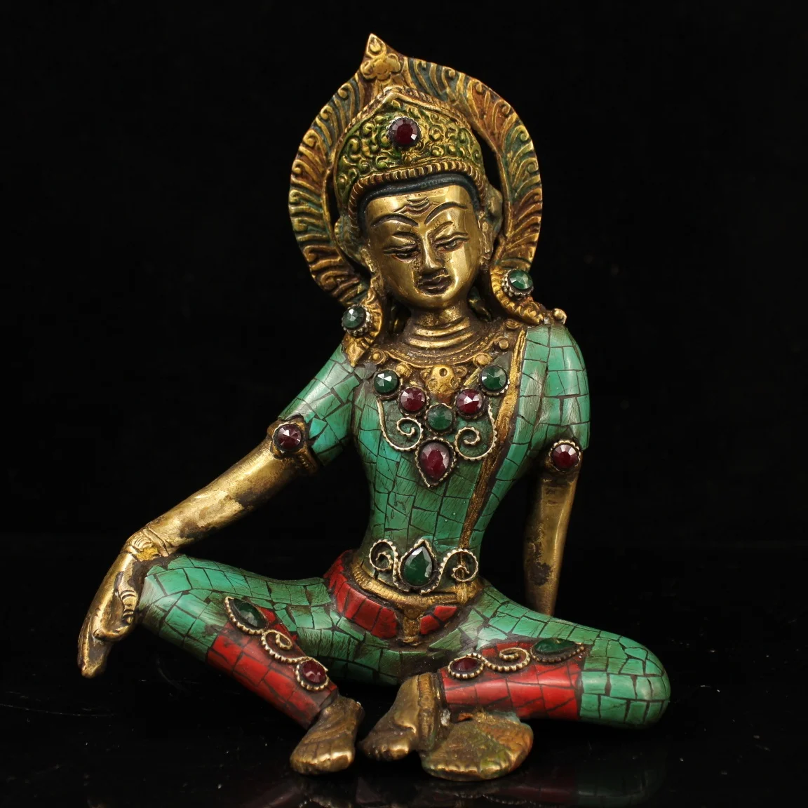 

Height 19CM,Tibetan Tantric Buddhism Handmade Tara Statue, Old copper Inlaid semi-precious stones turquoise Green Tara Sculpture